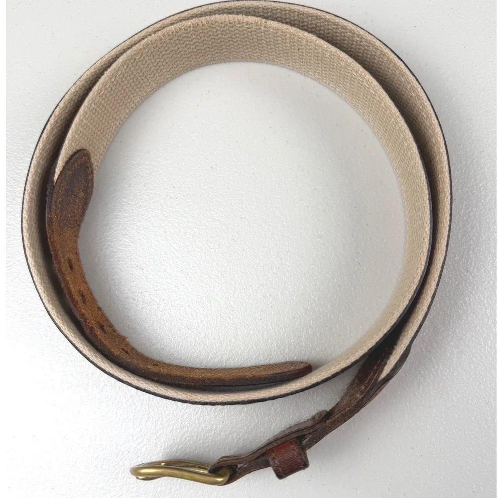 Orvis Mens Leather Canvas Belt Embroidered Tarpon Fish Brown Tan Size 38